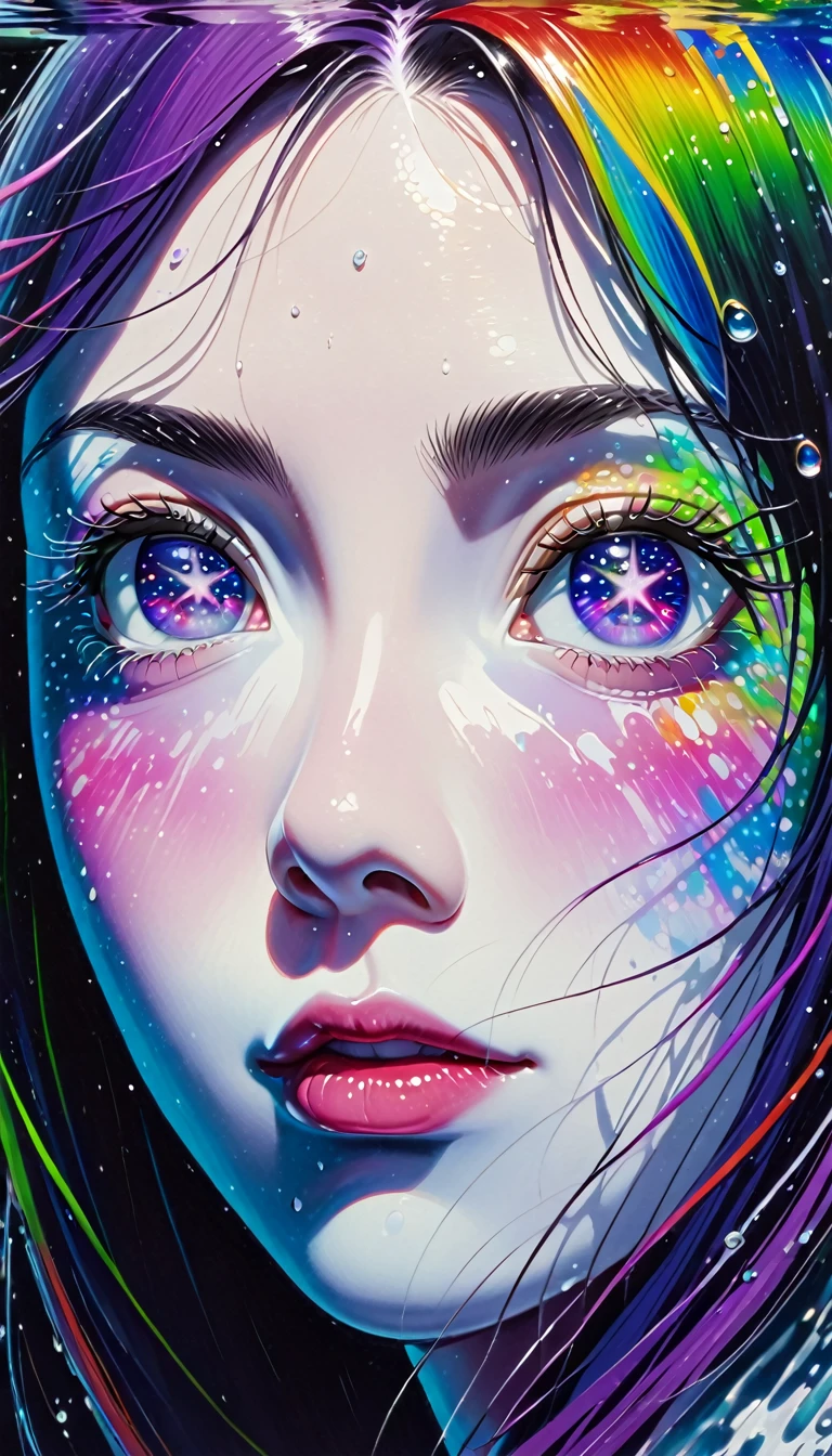 Girl swimming underwater,Ultra-detailed rendering style,Shine,,green,Brush,Surreal oil painting,Shine目,Head close-up,Exaggerated perspective,Tyndall effect,Water Drop,Mother of pearl rainbow color,holographic white,Black background,Purple Eyes,There are stars in your eyes、Purple Hair