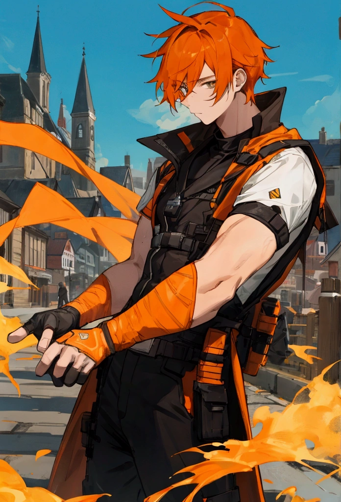 Male, Young adult, Orange Hair, Town Background