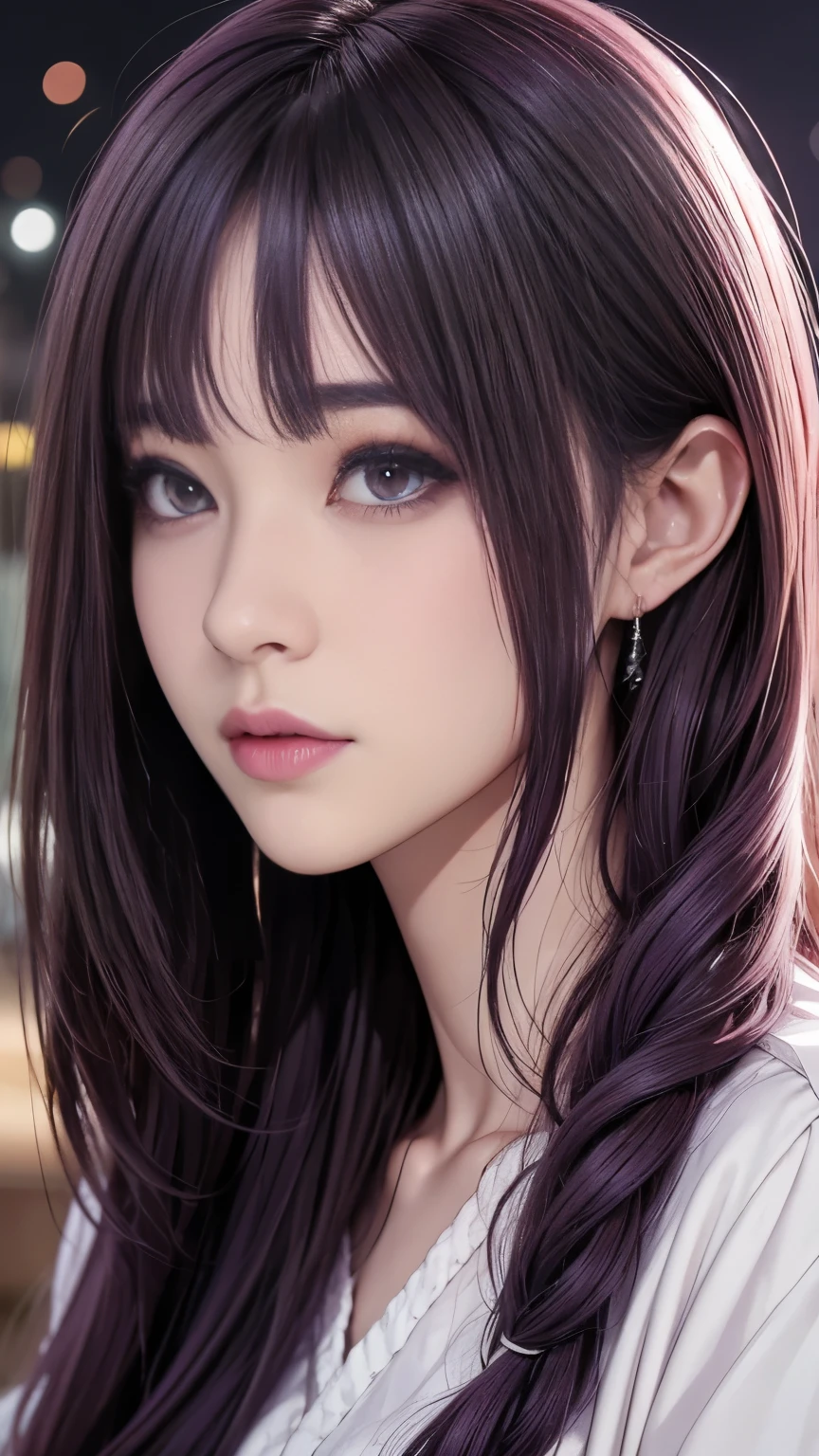 background(Black Night Sky,Big Moon),Woman close up,Wearing a white shirt、Purple Hair,Very long hair,very thick braids,Purple eyes,big , realistic girl rendering, 8k artistic german bokeh, Enchanting girl, Real Girls, Gurwitz, Gurwitz-style artwork, Girl Roleplay, Realistic 3D style, cgstation Popular Topics,, 8K Portrait Rendering,(truth,truth:1.4),Wear pink pajamas,巨big ,Sparkling eyes,Purple eyes