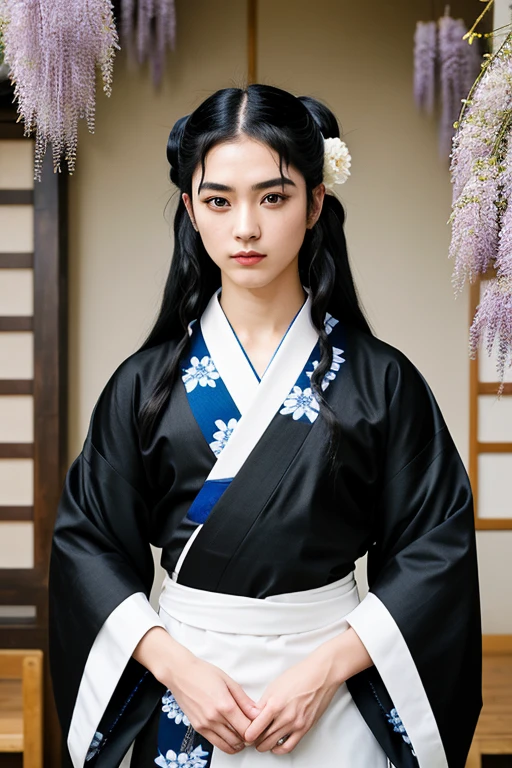 Kimetsu no yaiba style character, human man, White skin, foxy eyes de color azul, Kyojuro style eyebrows but in black and smaller, long black hair, hair semi collected with a Japanese hairpin adorned with wisteria flowers, blue and white kimono, black haori with wisteria flower print