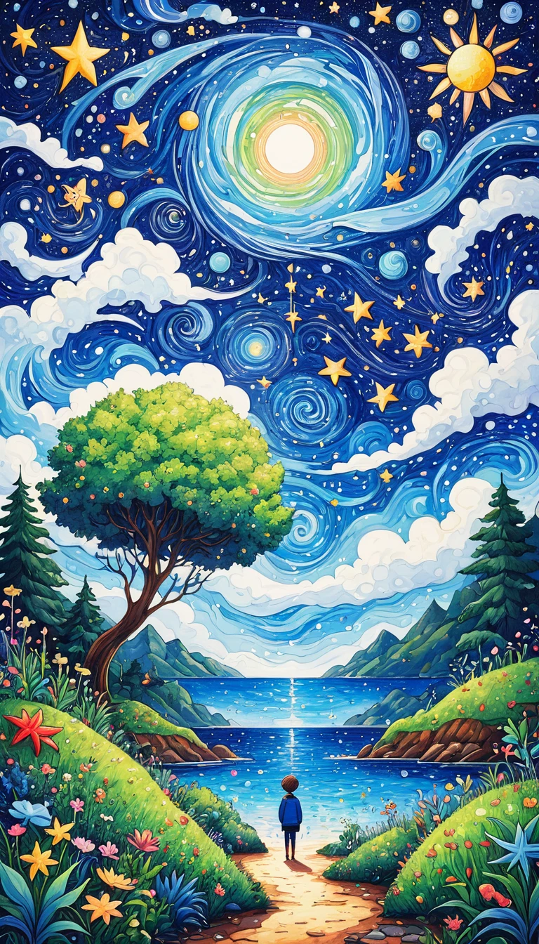 Psychedelic Art。plant、Marine life、Eye、Starry Sky，An abstract painting at the joint，Describing the inner world of autistic people，Sense of space，blank，White Space，Pointillism method，Childish lines，Klein Blue