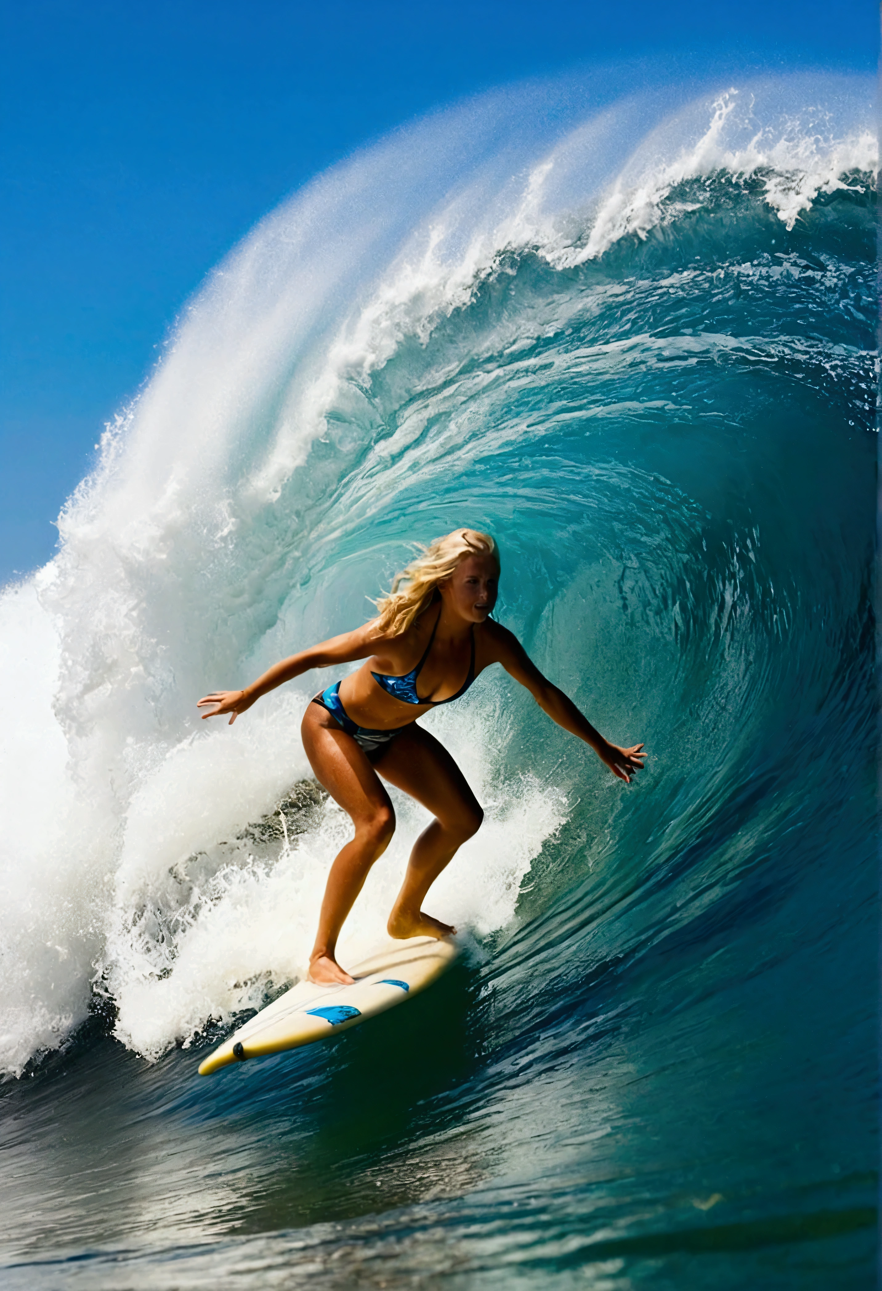 Sports Photography, surfing, Beautiful girls in big waves, blondes, bikinis, surfboards with intricate details, mandala patterned surfboards
