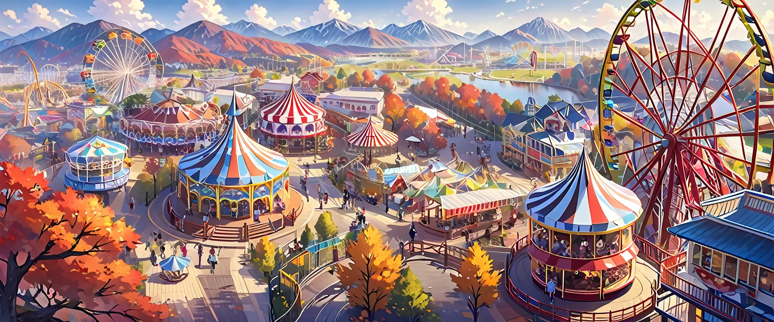 The scenery outside the window of the gondola at the top of the Ferris wheel, can see roller coasters, carousels, haunted teacups, and more, distant view, outside the amusement park is a residential area, mountains can be seen in the distance, amusement park,It is late autumn, Cloudy,