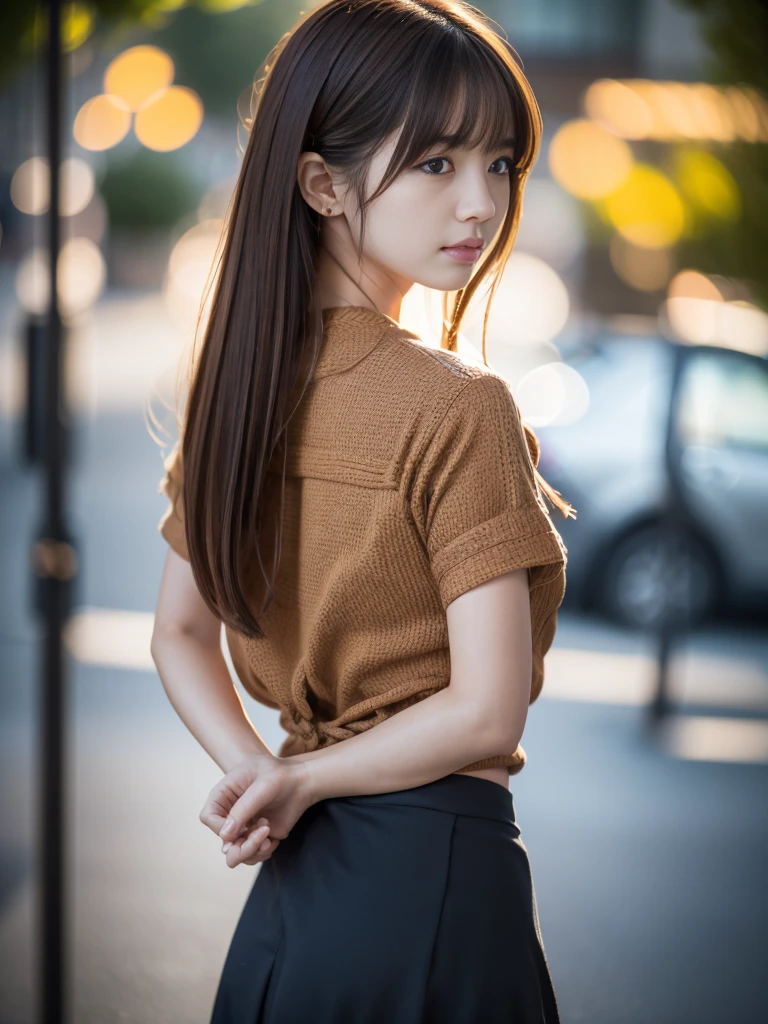 Put your hands behind your back、Put your wrists together、Wrap a rope around your wrist three times、shibari、Beauty、20-year-old、university student、Well-balanced proportions、Small face、Wear a short-sleeved blouse、Wearing a skirt、Anatomically correct body、The whole body is visible、, light brown hair, hair over shoulder, parted bangs, straight hair, symbol-shaped pupils, parted lips, horrified, Surrealism, Verism, cinematic lighting, depth of field, first-person view, from behind, f/1.2, Nikon, tachi-e, UHD, high quality, best quality, highres, 8k