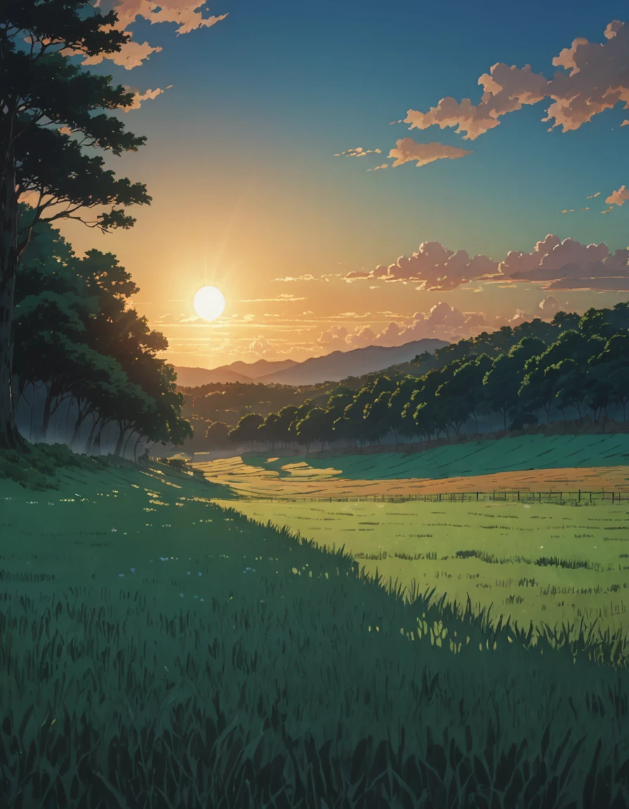 Obra maestra 8k Studio ghibli A serene landscape of a grassy field with trees in the backdrop, under a clear blue sky with clouds. sombra, 8khdr sol ilumination!!!! amanecer