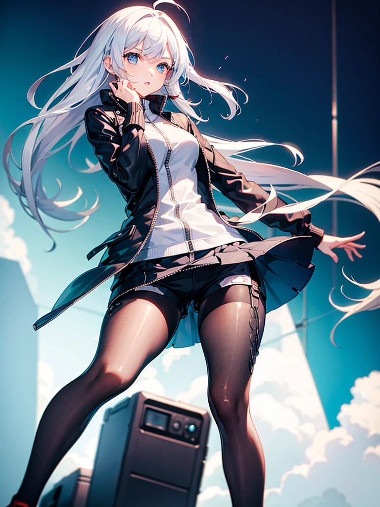 a girl,Hair color random,tights,((Super detailed zipper)),Short skirt,(shorts),Stylish style,dynamic poses