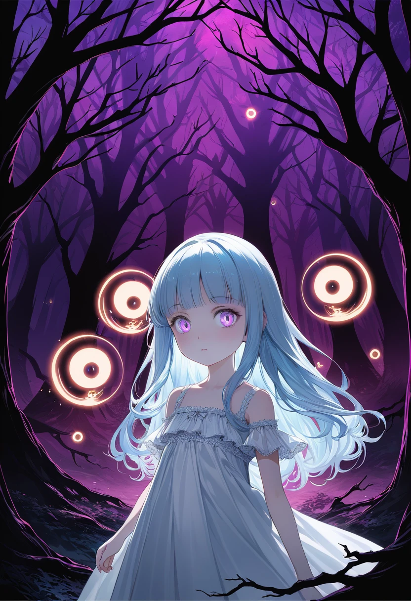 Masterpiece, best quality, extremely detailed, (illustration, official art: 1.1), (baby face:1.55)、((((1 girl)))), ((light blue long hair))), light blue hair, ,young,skinny,,,((blush)), cute face, big eyes, tareme, masterpiece, best quality, (a very delicate and beautiful girl)))), flat chest ,amazing, beautiful detailed eyes, blunt bangs (((little delicate girl)))), tareme (true beautiful: 1.2), small Girl,,optical illusion, Black light art, conceptual artwork, por Arthur Rackham, (best qualityer, high resolution, ultra detali), The Goddess Casting Brilliant Mystical Spells on a Haunted Forest, orange and purple tones, portraits, bright coloured, extreme detailed description, sharp focus, Physically based rendering, studio lighting, horor, witch, magical, mysterious atmosphere, swirling mist, ethereal glow, ancient trees, twisted branches, Moonlit sky, mysterious shadows, Mesmerizing, enchanting, hauntingly beautiful,
