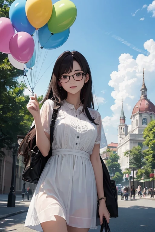 Highest quality、masterpiece、High sensitivity、High resolution、Detailed Description、Slender women、Glasses、Summer clothes、With a balloon in one hand、