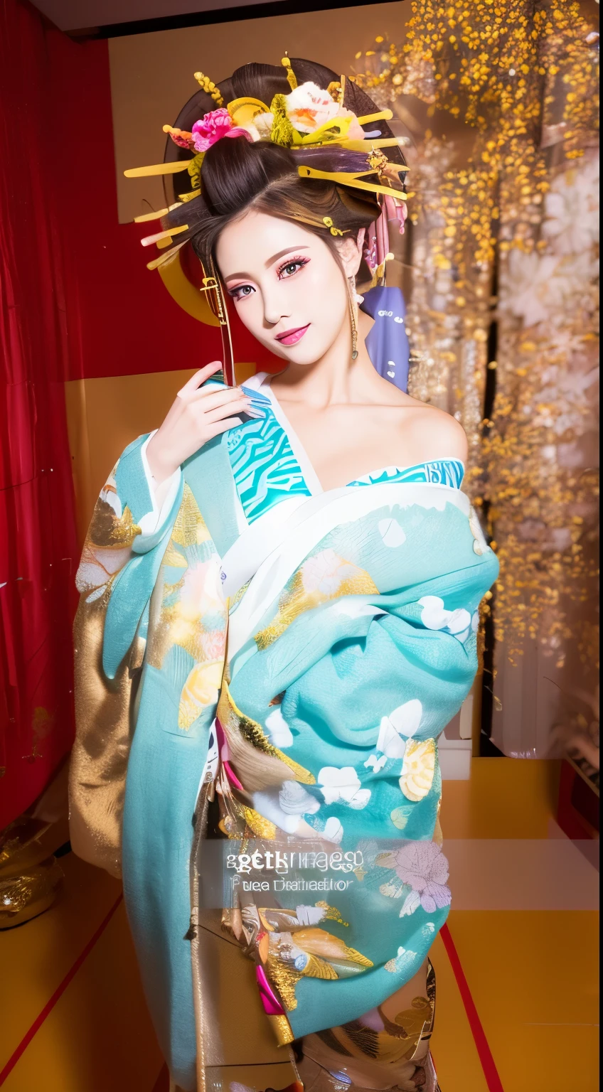 ((masterpiece(:1.4)，Highest quality，Ultra-high resolution，Highest quality，8k，Extremely detailed，In detail))。night，Japanese，(A beautiful woman)，glossy，slim，Large Breasts(1.6)，sexy，glamorous，Golden Ratio Style，Perfect Style，White powder applied to face and neck，Flashy gal makeup，Red light district，Bedroom，Oiran，Prostitute，Sunny day outfit，Uchikake，Gold brocade，((A gorgeous kimono))，A cutting board belt tied in front，Hair tying，hairpin，hair ornaments，Gorgeous costumes，Beautiful standing posture，Presence，Exude sex appeal，looking at the camera，