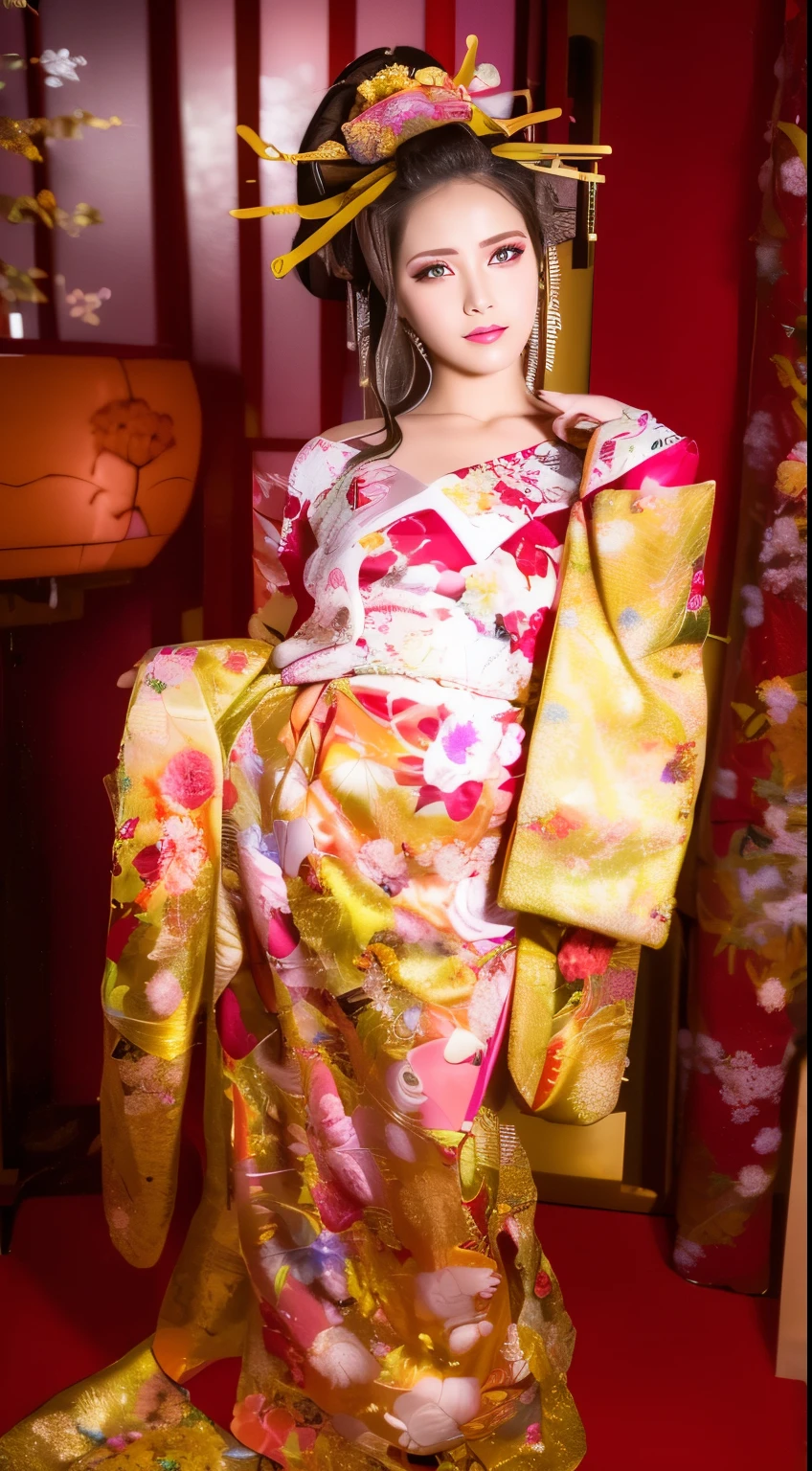 ((masterpiece(:1.4),Highest quality,Ultra-high resolution,Highest quality,8k,Extremely detailed,In detail))。night,Japanese,(A beautiful woman),glossy,slim,Large Breasts(1.6),sexy,glamorous,Golden Ratio Style,Perfect Style,White powder applied to face and neck,Flashy gal makeup,Red light district,Bedroom,Oiran,Prostitute,Sunny day outfit,Uchikake,Gold brocade,((A gorgeous kimono)),A cutting board belt tied in front,Hair tying,hairpin,hair ornaments,Gorgeous costumes,Beautiful standing posture,Presence,Exude sex appeal,looking at the camera,