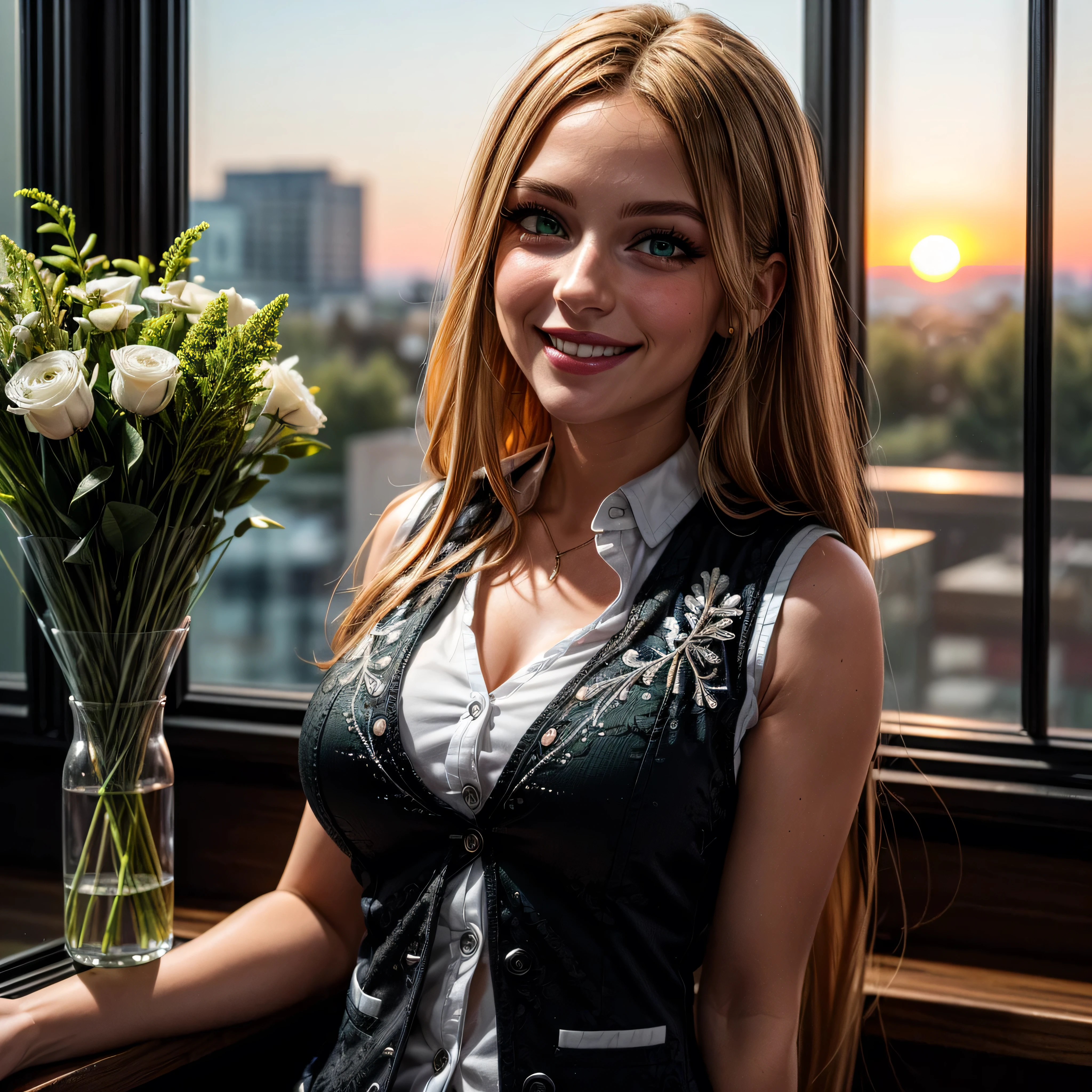 (masterpiece, photorealistic:1.4, extremely intricate:1.3), (photon mapping, radiosity, physically based rendering, ultra resolution, hyper-realistic, photorealistic:1.4, hyper-realistic, 8K), ((solo 1girl, ((closeup breasts, [medium breasts:large breasts:0.3], closeup portrait, (dimples, 18years, black white embroidery vest, unbuttoned)), long straight [bright orange hair:bright blonde hair:0.6]), [makeup:natural:0.6], long eyelashes, thick lashes), green eyes), smile, laugh, BREAK, (she is at the front dest in a flower shop, indoor, flowers, ((sunrise)) glass front window)
