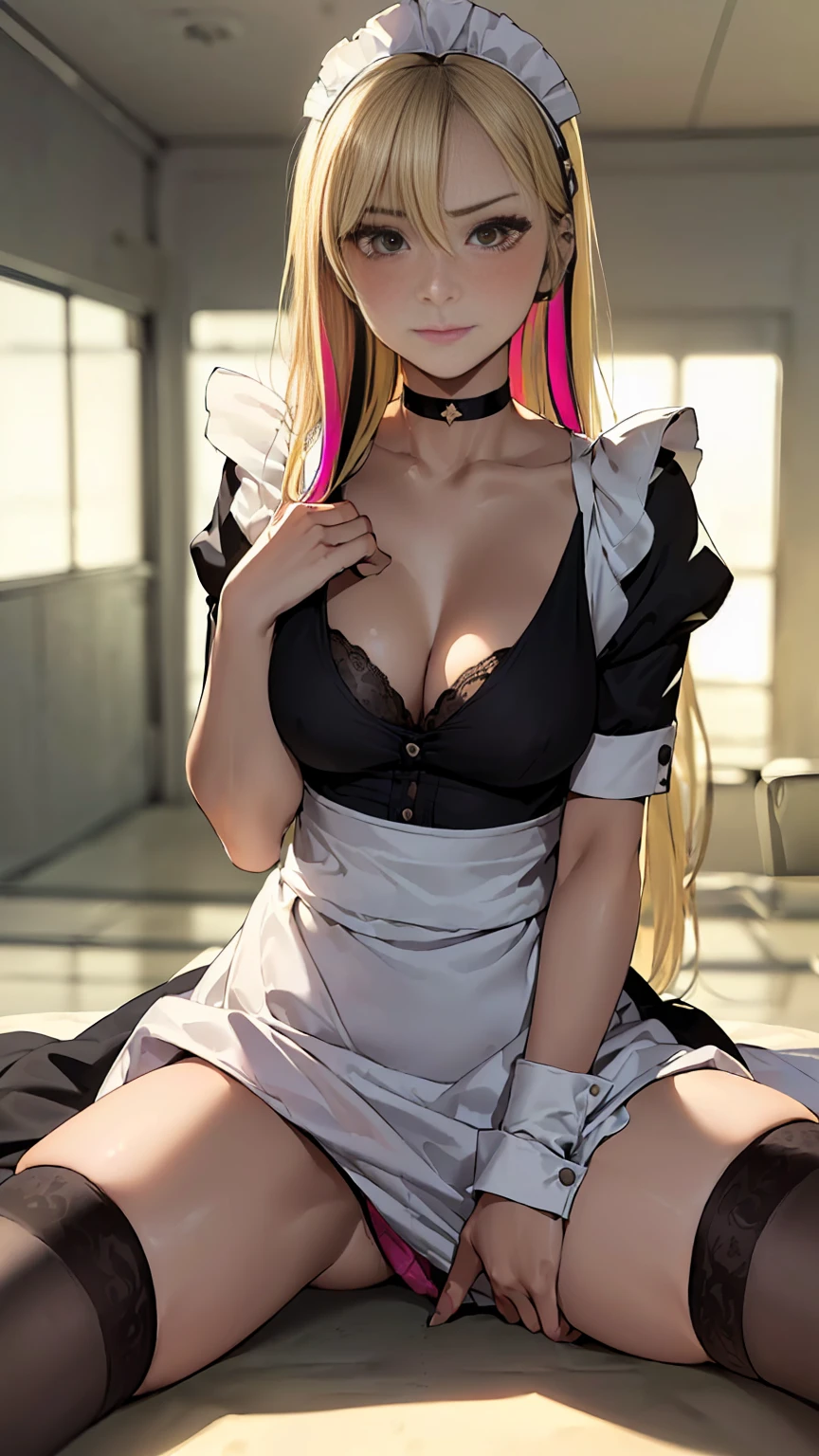 (masterpiece:1.2, Highest quality), (Realistic, photoRealistic:1.4), Beautiful illustrations, Accurate human body、Perfect human body、Detailed and elaborate figures、
Looking at the audience, whole body, Front view:0.6,
3 women, Japanese, ((1. Girl with short black hair :1.5, 1 Girl with multi-colored hair:1.5, 1 Blonde long hair girl:1.5)), Hair fluttering, bangs, Hair between the eyes, ((大きくBeautiful breasts, Narrow waist, Big Ass))
Beautiful Hair, Beautiful Face, Beautiful and detailed, (Brown eyes:1.3), Beautiful clavicle, Beautiful body, Beautiful breasts, Beautiful thighs, Beautiful legs, Beautiful fingers, Perfect Anatomy:1.3, Perfect Anatomy
SEXを誘う女の子、
((Maid clothes:1.5, choker:1.6)),
((Place your left hand on your chest, Spread your legs:1.3)),
(Blushing, glaring at the viewer:1.3)