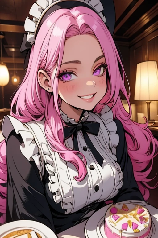 Perfect face. Perfect hands. A pink haired woman with violet eyes and an hourglass figure in a Lolita maid's outfit is serving cake in a Victorian  style maid cafe with a big smile