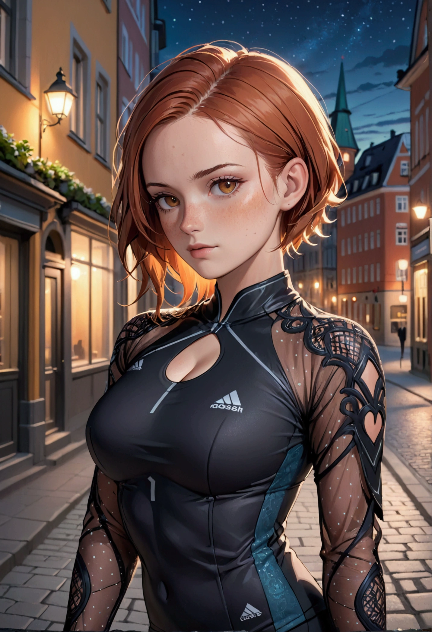 a fashion photo of a (Beautiful German woman:1.2), (seductive look:1.2), busty, Standing on an abandoned street corner at night., wearing yoga suit, telephoto photography, Closeup of upper body, intricate detail, intricate skin, subtle freckles, intricate hair, Hamburg, Germany, (atmosphere:1.2), (Hoar:1.3), Soft ambient lighting