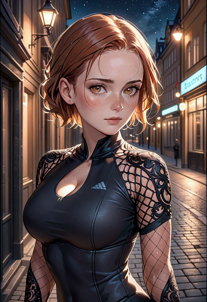 a fashion photo of a (Beautiful German woman:1.2), (seductive look:1.2), busty, Standing on an abandoned street corner at night., wearing yoga suit, telephoto photography, Closeup of upper body, intricate detail, intricate skin, subtle freckles, intricate hair, Hamburg, Germany, (atmosphere:1.2), (Hoar:1.3), Soft ambient lighting