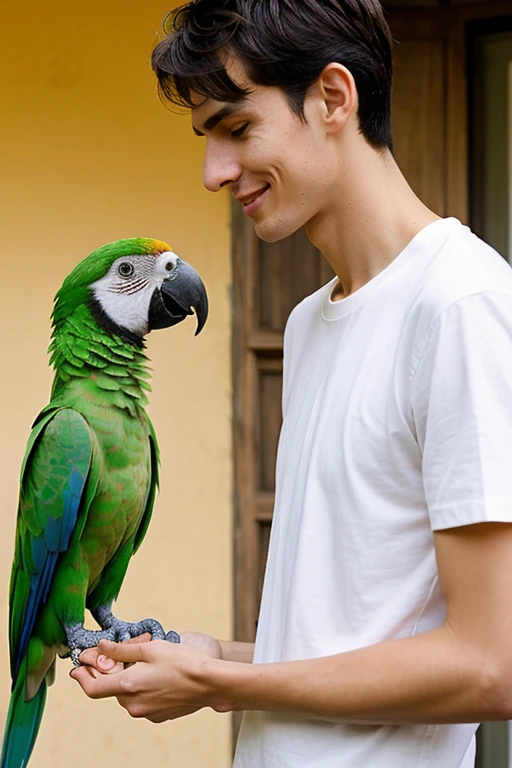 A young cute handsome skinny tall white shirt with 3 parrot feeding him