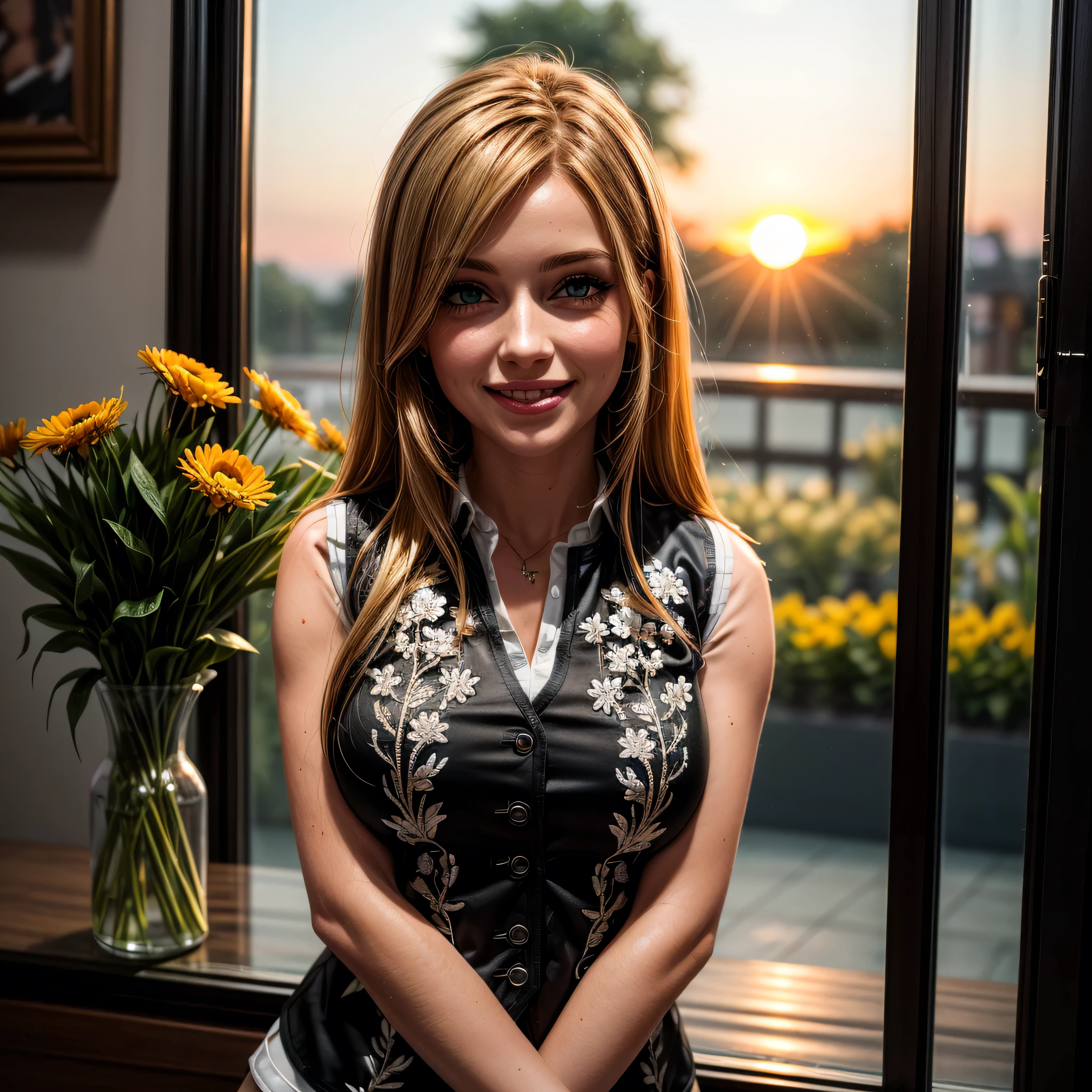 (masterpiece, photorealistic:1.4, extremely intricate:1.3), (photon mapping, radiosity, physically based rendering, ultra resolution, hyper-realistic, photorealistic:1.4, hyper-realistic, 8K), ((solo 1girl, ((closeup breasts, [medium breasts:large breasts:0.3], closeup portrait, (dimples, 18years, black white embroidery vest, unbuttoned)), long straight [bright orange hair:bright blonde hair:0.6]), [makeup:natural:0.6], long eyelashes, thick lashes), green eyes), smile, laugh, BREAK, (she is at the front dest in a flower shop, indoor, flowers, ((sunrise)) glass front window)