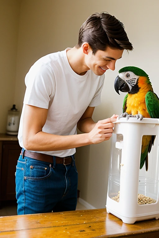 A young cute handsome skinny tall white shirt with 3 parrot feeding him