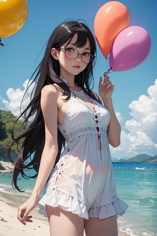 Highest quality、masterpiece、High sensitivity、High resolution、Detailed Description、Slender women、Glasses、Summer clothes、With a balloon in one hand、