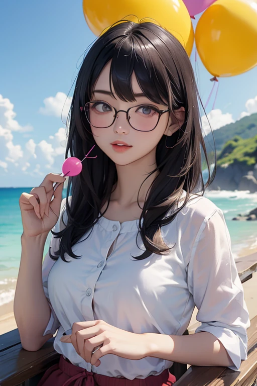 Highest quality、masterpiece、High sensitivity、High resolution、Detailed Description、Slender women、Glasses、Summer clothes、With a balloon in one hand、