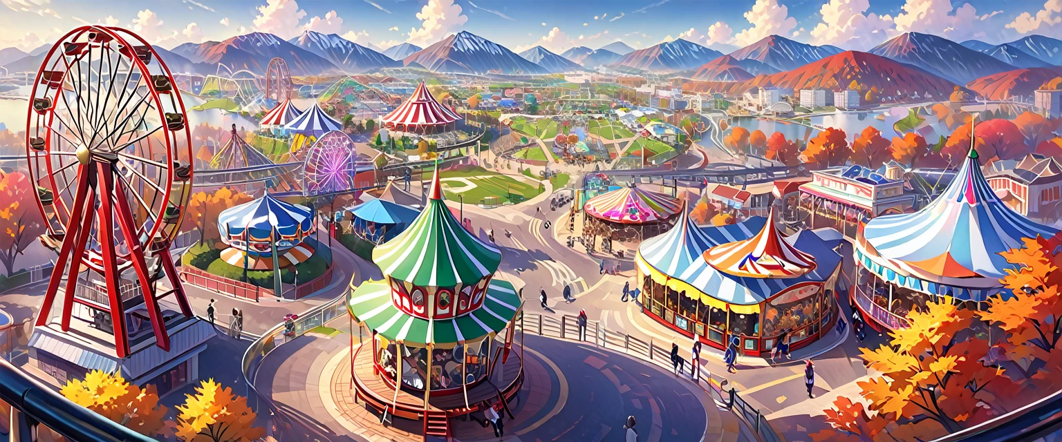 The scenery outside the window of the gondola at the top of the Ferris wheel, can see roller coasters, carousels, haunted teacups, and more, distant view, outside the amusement park is a residential area, mountains can be seen in the distance, amusement park,It is late autumn, (Cloudy:1.2),