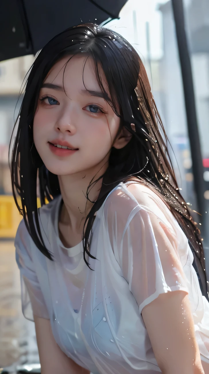 (masterpiece:1.3)、(8K,Photorealistic, Raw Photography, top-quality: 1.4), (1girl in), beautiful expression, (Lifelike face), Beautiful hairstyle, Realistic Eyes, Beautiful details, (real looking skin), Beautiful skins, absurderes, enticing, High resolution, Hyper-realistic, High-detail, The golden ratio, sexy look, smooth , sexy, she is smiling and excited, she expressing joy, (Wet clothes, Wet body :1.2), (Rain, Street:1.2)