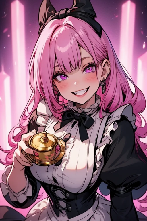 Perfect face. Perfect hands. A pink haired woman with violet eyes and an hourglass figure in a ta maid's outfit is serving tea in a Victorian style maid cafe with a big smile
