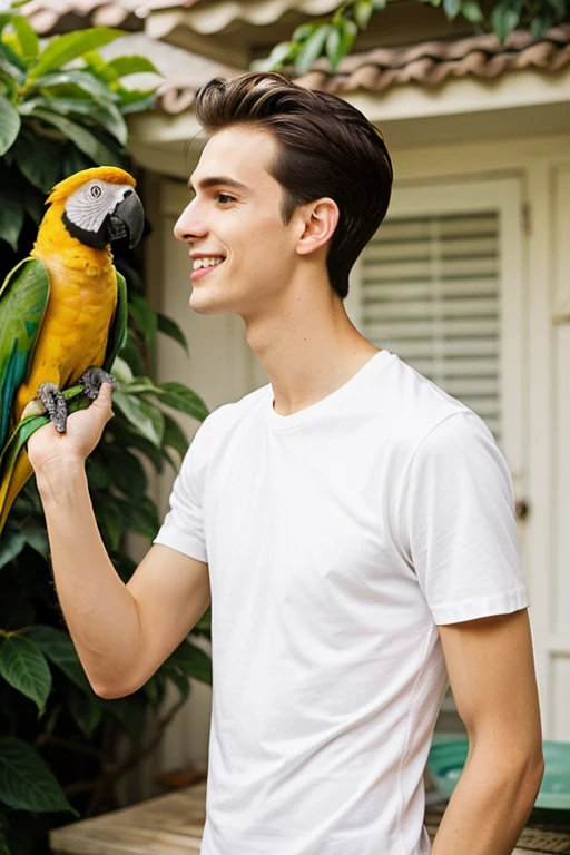 A young cute handsome skinny tall white shirt with 3 parrot feeding him