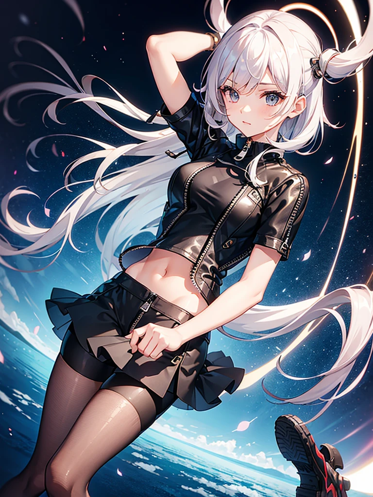 a girl,Hair color random,Random hairstyle,tights,((Super detailed zipper)),Short skirt,(shorts),Stylish style,dynamic poses