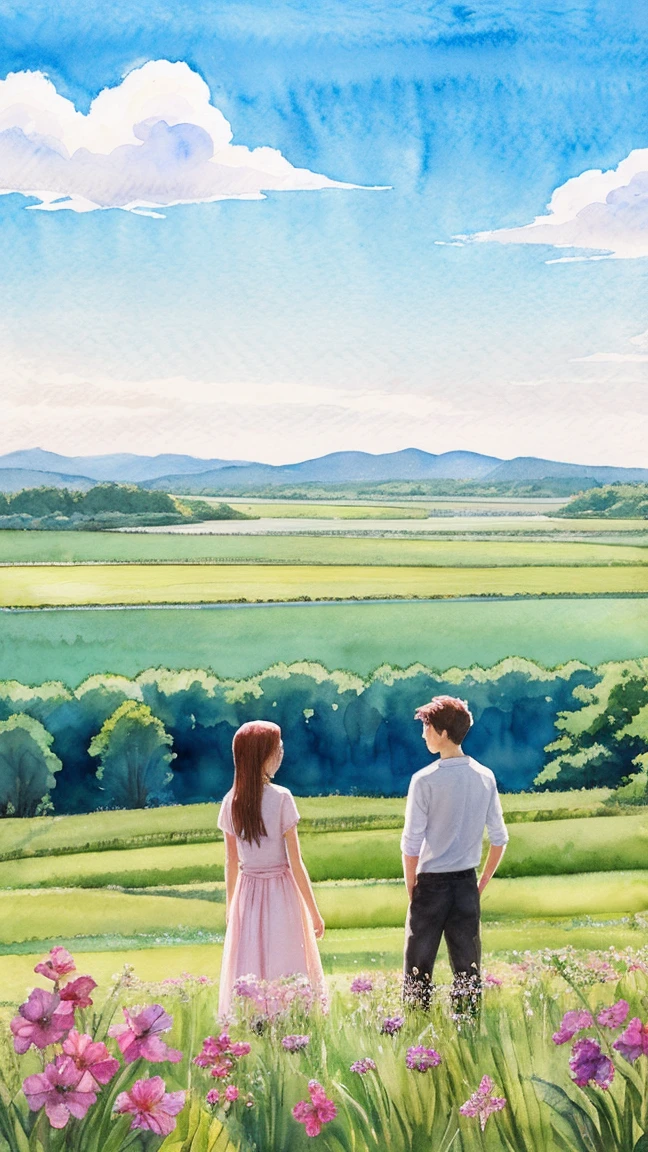 A watercolor-style landscape featuring a bright blue sky with soft, fluffy white clouds. Two anime-style characters, a boy and a girl, stand in a lush green field. The characters are wearing casual summer clothing and are positioned facing away from the viewer, looking towards the expansive sky. The scene conveys a calm and peaceful atmosphere, with a focus on the vastness of nature and a serene, sunny day. The watercolor effect adds a gentle, artistic touch to the overall composition