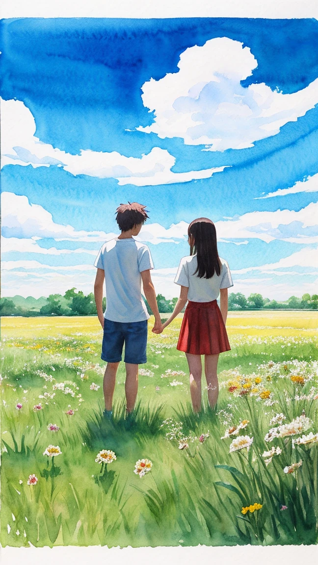 A watercolor-style landscape featuring a bright blue sky with soft, fluffy white clouds. Two anime-style characters, a boy and a girl, stand in a lush green field. The characters are wearing casual summer clothing and are positioned facing away from the viewer, looking towards the expansive sky. The scene conveys a calm and peaceful atmosphere, with a focus on the vastness of nature and a serene, sunny day. The watercolor effect adds a gentle, artistic touch to the overall composition