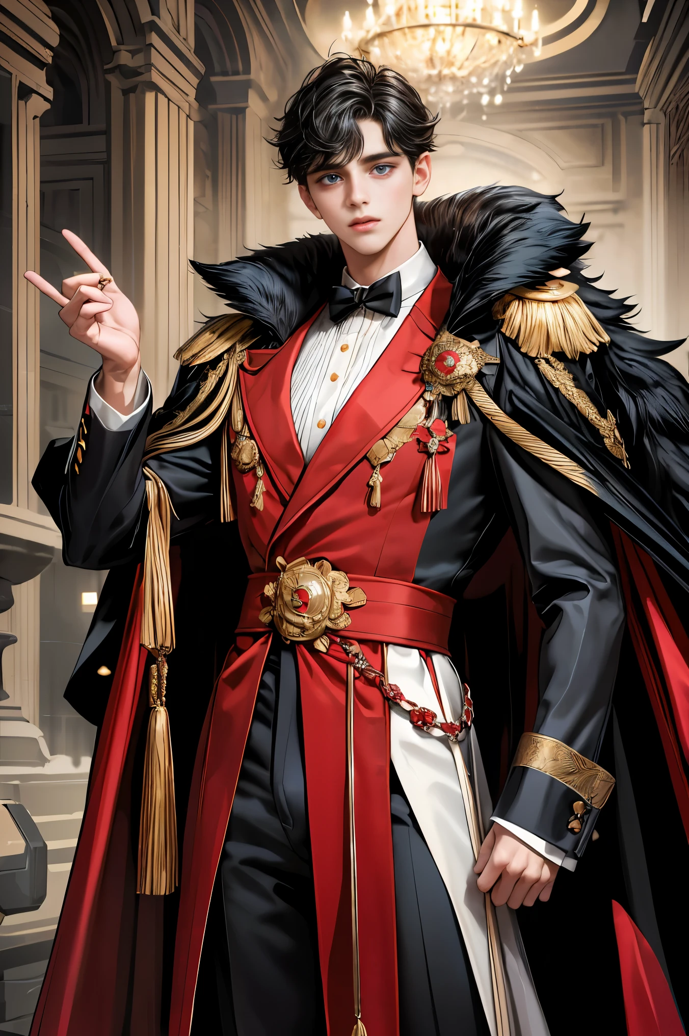 masterpiece, 最high quality, high quality, 1 boy, alone, Male focus, Watching the audience, Messy black hair, Adorable big blue eyes, White, Noble, Noble,A sexy, voluminous, puffy cape、tuxedo、A very voluminous, large, very large, very large, long, long red and black cape with a high stand-up collar, made of a lot of fabric that reaches down to the floor., ,Cute beautiful boys,Cute, cute, kind, handsome guy