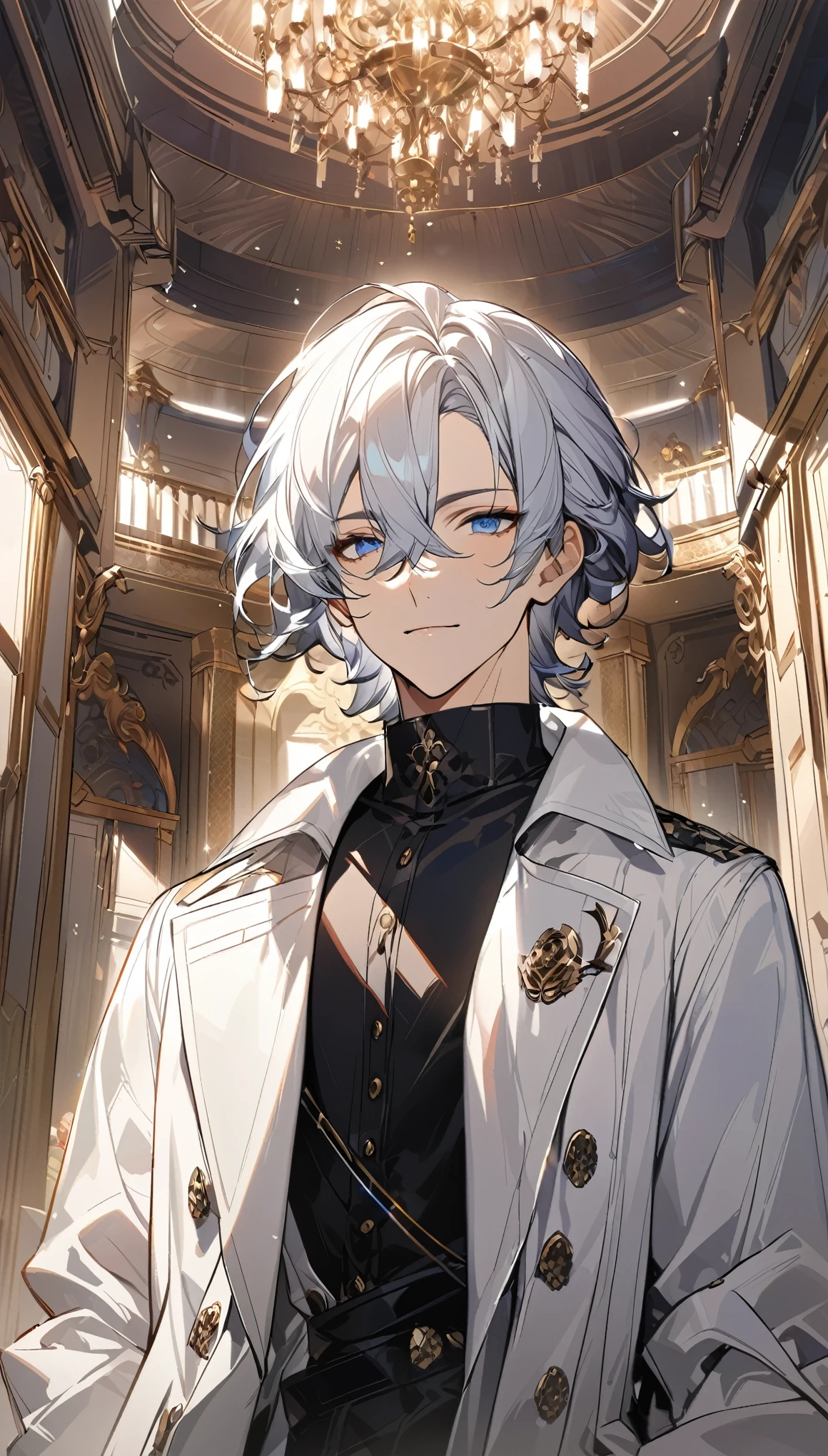 (masterpiece, best quality), Very detailed, best quality, official art, Beautiful and beautiful: 1.2),Beautifully，(1 handsome guy)，copyright，alone，white short hair， (blue eyes), (A gentle yet distant smile)，perfect face，white trench coat，Black shirt，complex clothing design，High target，8K，Beautiful contrast of light and shadow，Face it positively，Nice face，noble，Gorgeous palace，Interior background，((White flowers))，Gorgeous background，(ManhwaStyle:1.5)