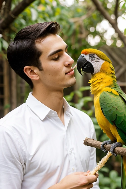 A young cute handsome skinny tall white shirt with 3 parrot feeding him