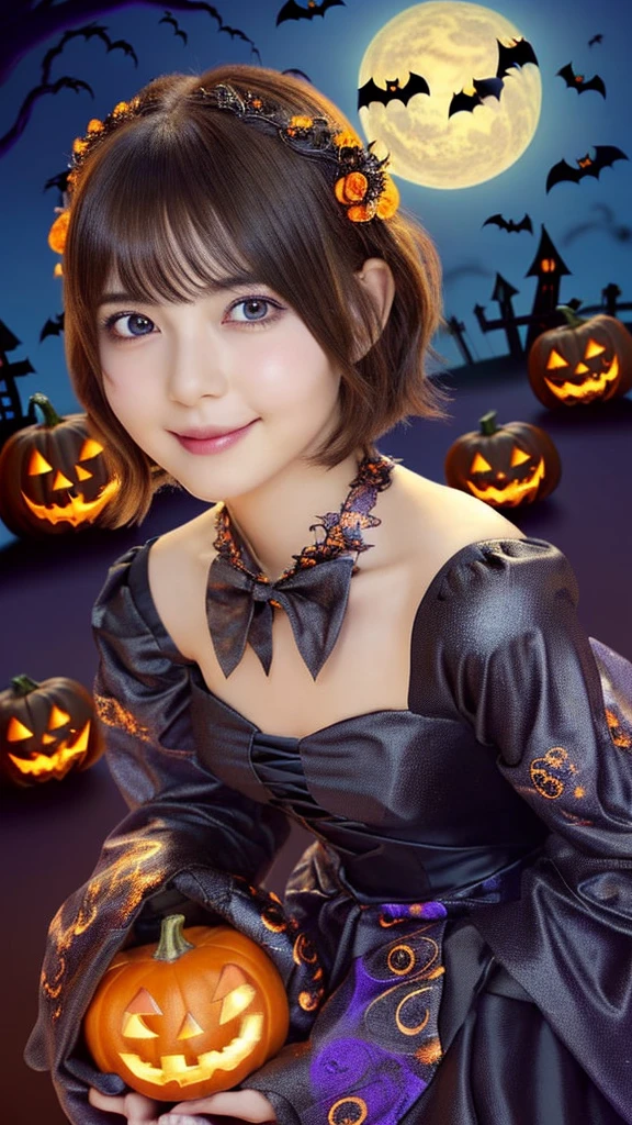 ((from below,upper body),a 25 years old girl, detailed cutie face, beautiful detailed eyes, detailed dropped eyes, beautiful charming smile, extremely detailed face,slender body,short hair,anime style, (halloween costume):2.0), Highres fix,colorful lights, pumpkin decorations, haunted house, best quality, 4k, highres, masterpiece, realistic, photorealistic, photo-realistic, vivid colors, intricate details, fantasy, soft lighting, magical