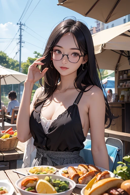 Highest quality、masterpiece、High sensitivity、High resolution、Detailed Description、Slender women、Glasses、Summer clothes、Food truck、