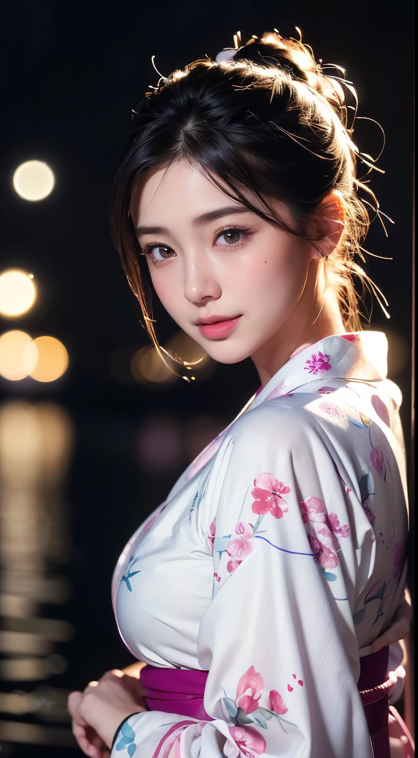 (logo、masterpiece、8k、Tabletop、RAW Photos、wonderful、最high quality、フォトリアリスティックでVery detailedな CG 複合 8k 壁紙、high quality、Very detailed、Narrative poem、Particle Effects、Dynamic Effects、Depth of the Boundary、Cinematic Light、Lens flare、Ray Tracing)、 (One beautiful woman wearing a yukata、White yukata、Light purple pattern)、Black-haired、High definition skin、Very fine、Fine skin texture、Beautiful Face、True Face、Beautiful details in the eyes、Realistic eyes、Beautifully detailed eyes、Realistic Skin、Beautiful Skin、Surreal、Smiling Eyes、Hair and light eyes、vivid、Colorful lights and bokeh、plump lower lip、Pink Lips、Hair flutters in Wind、Hair bounces、wonderful景色、night、evening、Wind、moonlight、moonlight、light