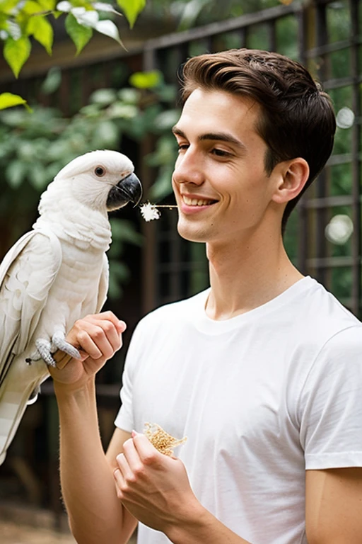 A young cute handsome skinny tall white t-shirt with cockatoo feeding him