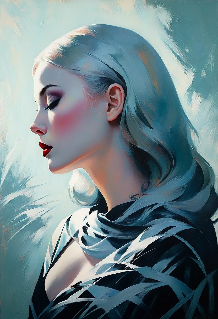 chiaroscuro technique on sensual illustration of an elegant woman, vintage beauty, eerie, very matte painting, by Hannah Dale, by Harumi Hironaka, extremely soft colors, vibrant, highly detailed, malcolm liepke painting, oil on canvas, high contrast, dramatic, refined, tonal, Create high contrast between light and shadow