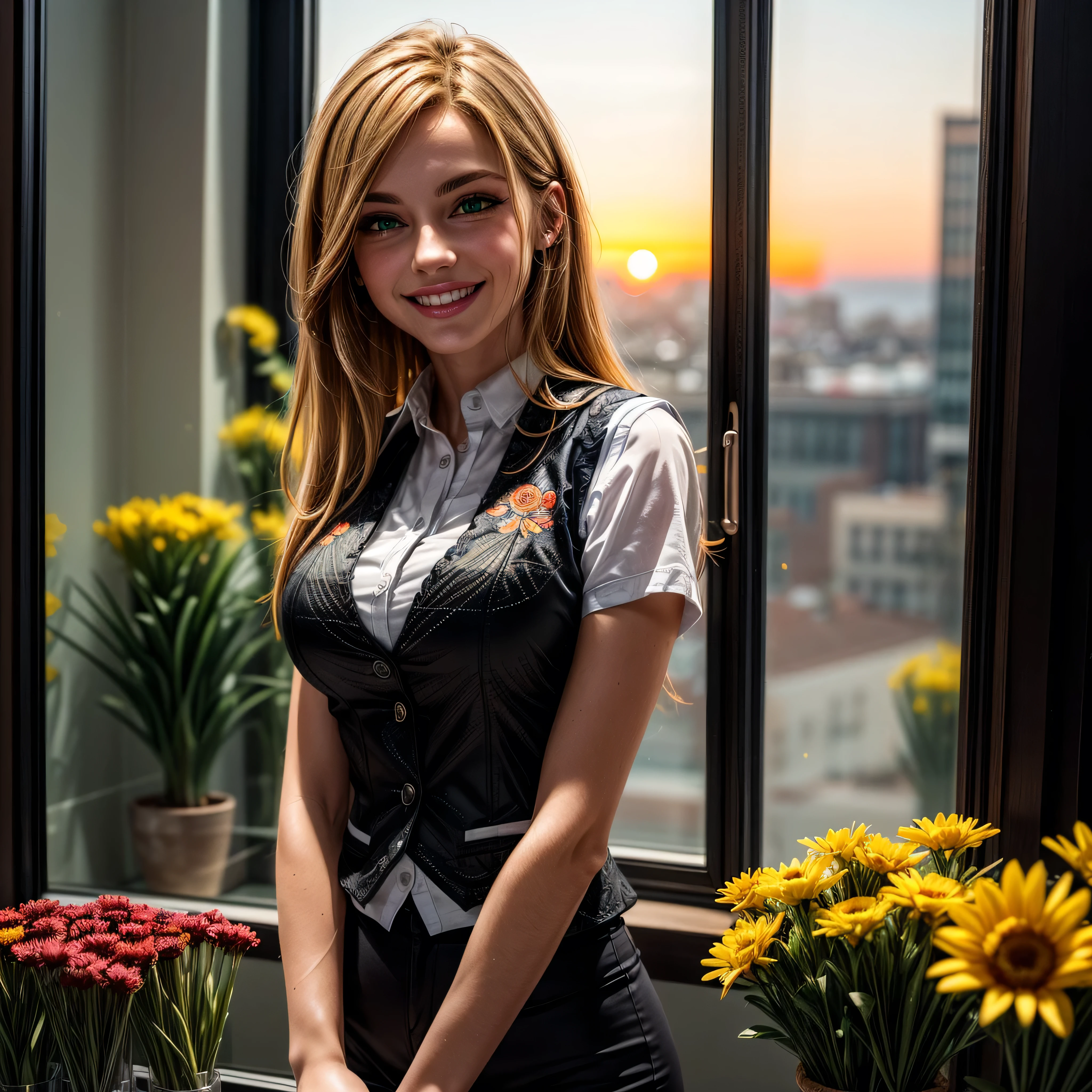 (masterpiece, photorealistic:1.4, extremely intricate:1.3), (photon mapping, radiosity, physically based rendering, ultra resolution, hyper-realistic, photorealistic:1.4, hyper-realistic, 8K), ((solo 1girl, ((closeup breasts, [medium breasts:large breasts:0.3], closeup portrait, (dimples, 18years, black white embroidery vest, unbuttoned)), long straight [bright orange hair:bright blonde hair:0.6]), [makeup:natural:0.6], long eyelashes, thick lashes), green eyes), smile, laugh, BREAK, (she is at the front dest in a flower shop, indoor, flowers, ((sunrise)) glass front window)