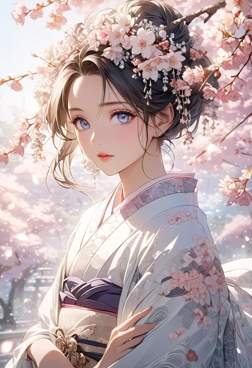 A beautifully detailed and aesthetic image of a girl wearing a kimono. She has strikingly detailed eyes, surrounded by light particles that enhance the delicate features of her face. The scene includes cherry blossoms in the background, adding to the serene and elegant atmosphere. She is adorned with tasteful jewelry, enhancing her overall appearance. The composition is a medium shot, capturing her beauty and the intricate details of the kimono and surroundings in a highly detailed, visually captivating manner.