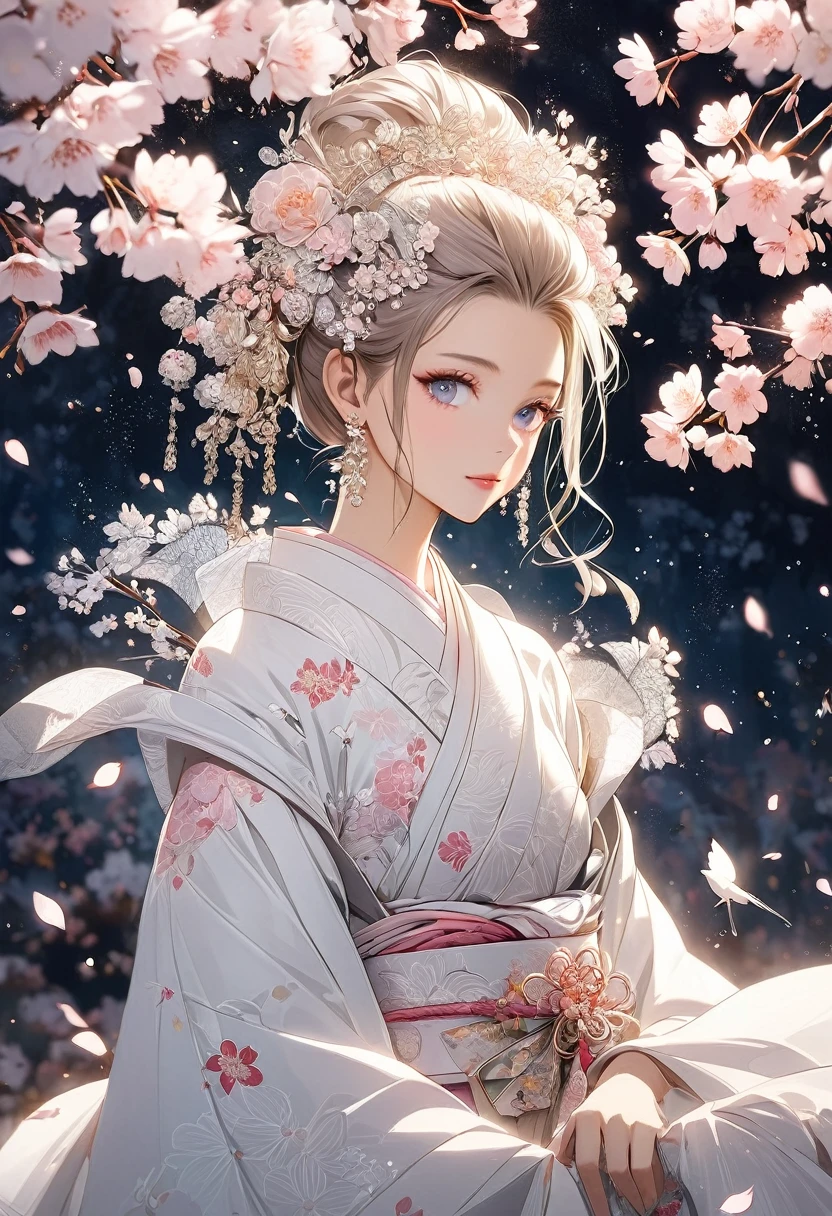 A beautifully detailed and aesthetic image of a girl wearing a kimono. She has strikingly detailed eyes, surrounded by light particles that enhance the delicate features of her face. The scene includes cherry blossoms in the background, adding to the serene and elegant atmosphere. She is adorned with tasteful jewelry, enhancing her overall appearance. The composition is a medium shot, capturing her beauty and the intricate details of the kimono and surroundings in a highly detailed, visually captivating manner.