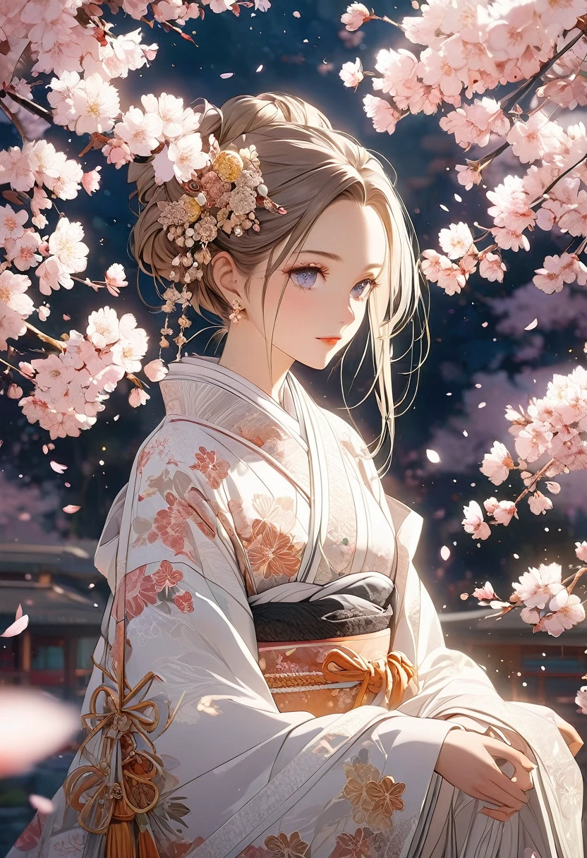 A beautifully detailed and aesthetic image of a girl wearing a kimono. She has strikingly detailed eyes, surrounded by light particles that enhance the delicate features of her face. The scene includes cherry blossoms in the background, adding to the serene and elegant atmosphere. She is adorned with tasteful jewelry, enhancing her overall appearance. The composition is a medium shot, capturing her beauty and the intricate details of the kimono and surroundings in a highly detailed, visually captivating manner.
