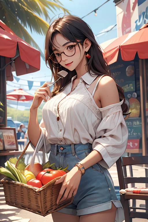 Highest quality、masterpiece、High sensitivity、High resolution、Detailed Description、Slender women、Glasses、Summer clothes、Food truck、