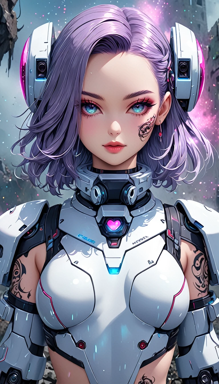 seamless image fusion, cute woman, amorous and lewd face, make-up, wearing cute fluffy battle suits, choker, covered in tattoos, great proportion, background stonepunk ruins, analyzers, labs, shading effects, gradation magic effects, foggy filter effects, glitter effects, (ultra detailed, absolutely resolution, best quality:1.3), 2.5D, delicate and dynamic, artistic photography, hyper realistic, graphic CG digital art