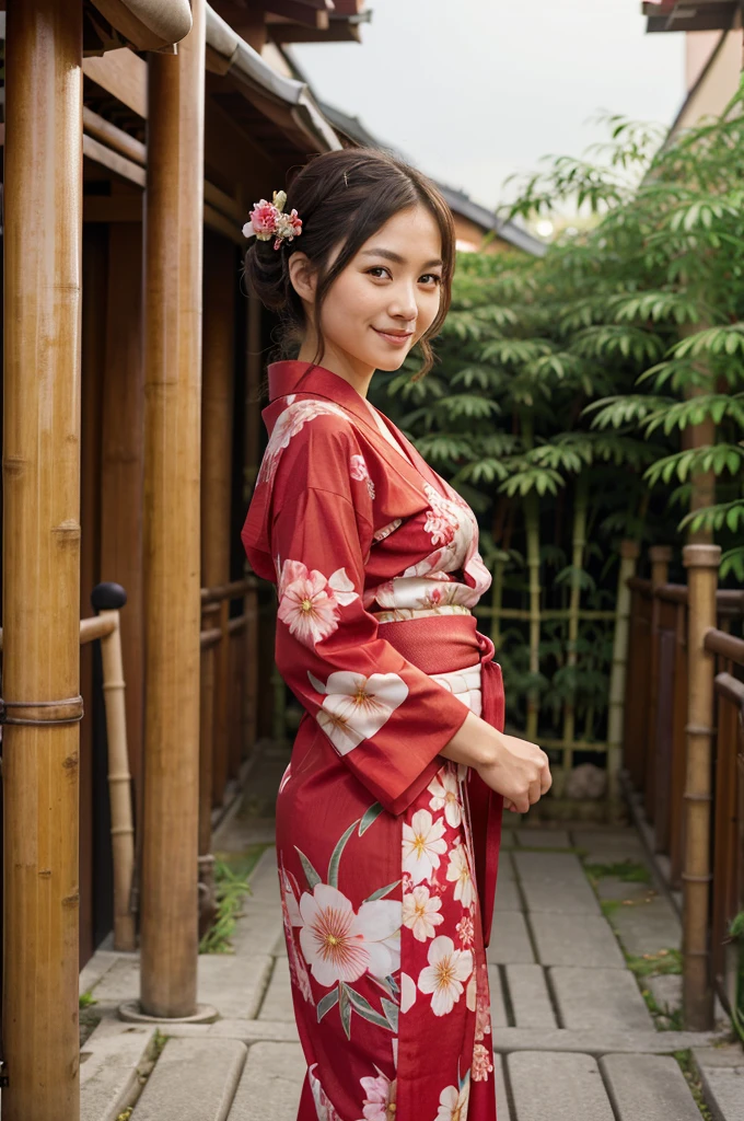 Ayako Hiiragi | Walkure Romanze, masterpiece, best quality, a mature sexy woman in shine red yukata posing in front of bamboo rails, 1girl, solo, japanese clothes, yukata, tied-up hairstyle, floral hair ornament, smile,mature woman,