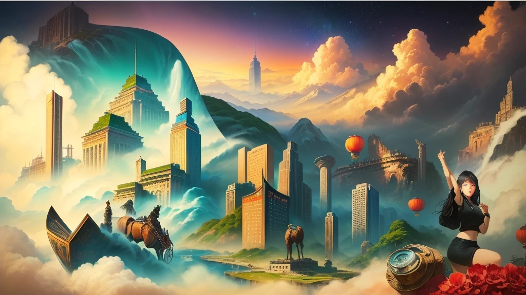 This is a close-up of a cartoon,There is a city with many buildings in the painting, Covered with Chinese, 官方screenshot, Chiba Yudai, Vibrant travel poster, Shenzhen, 宽屏screenshot, by Shitao, xianxia fantasy, commercial Width, screenshot, 详细screenshot, Available images, Width, Propaganda Art