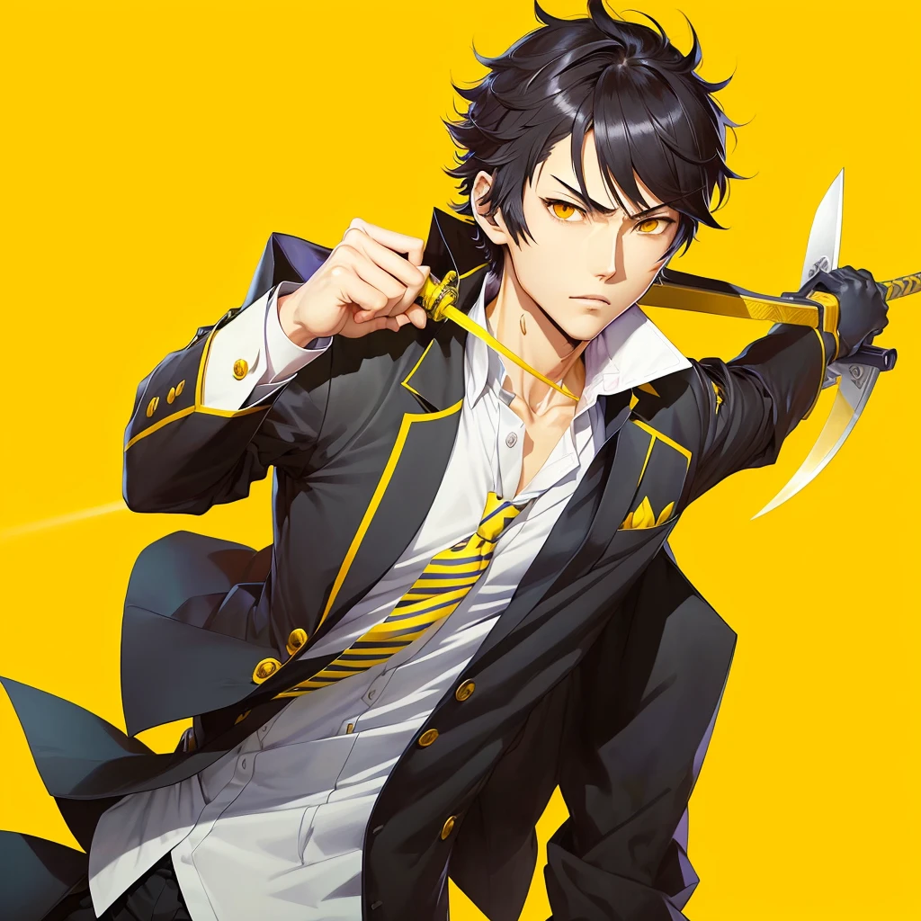 Yellow background and cartoon character holding a tie, Swordsman, shigenori soejima illustration, Persona Art Style, Handsome anime pose, trigger anime art style, Gap Moe Yandere, inspired by Okumura Masanobu, hijikata toushirou of gintama, Persona Art Style, Smooth Hair,