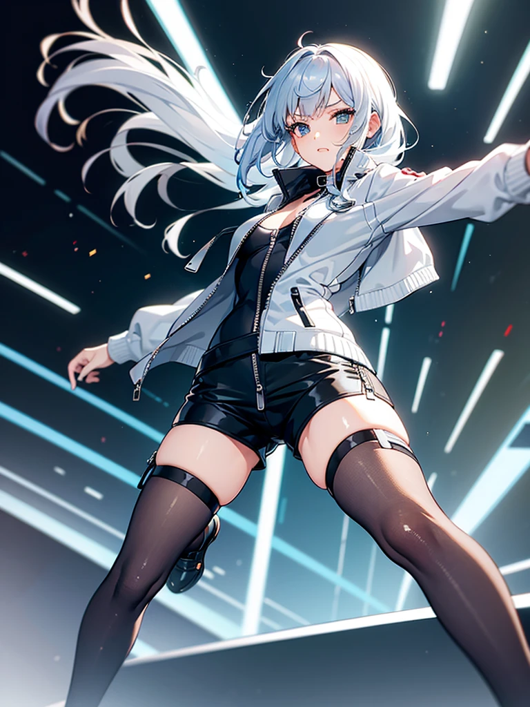 a girl,Hair color random,Random hairstyle,tights,((Super detailed zipper)),Short skirt,(shorts),Stylish style,dynamic poses,Sexy