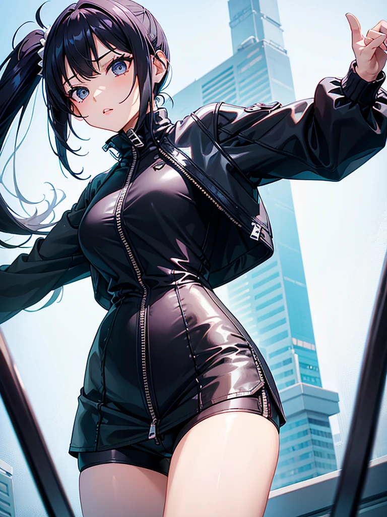 a girl,Hair color random,Random hairstyle,tights,((Super detailed zipper)),Short skirt,(shorts),Stylish style,dynamic poses,Sexy